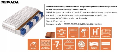 Materac dwustronny NEVADA 160/200 Średnio twardy kokos 